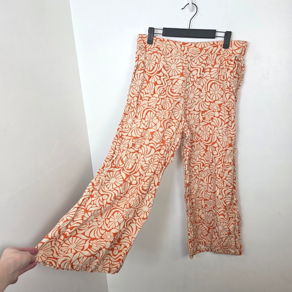 Rachel Zoe Orange Beige 100% Linen Floral Groovy Wide Leg Crop Pull On Pants Lrg